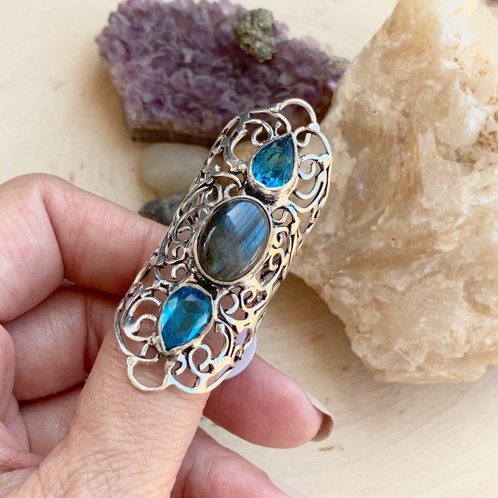 LABRADORITE & BLUE TOPAZ RING SIZE 10 - Picture 3 of 8